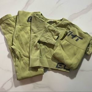 Green gym set crop top bike short and leggings set